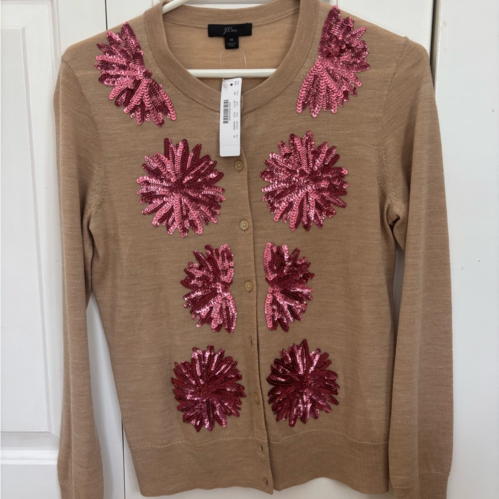 J. Crew Tan Sweater with Pink Sequin Accents